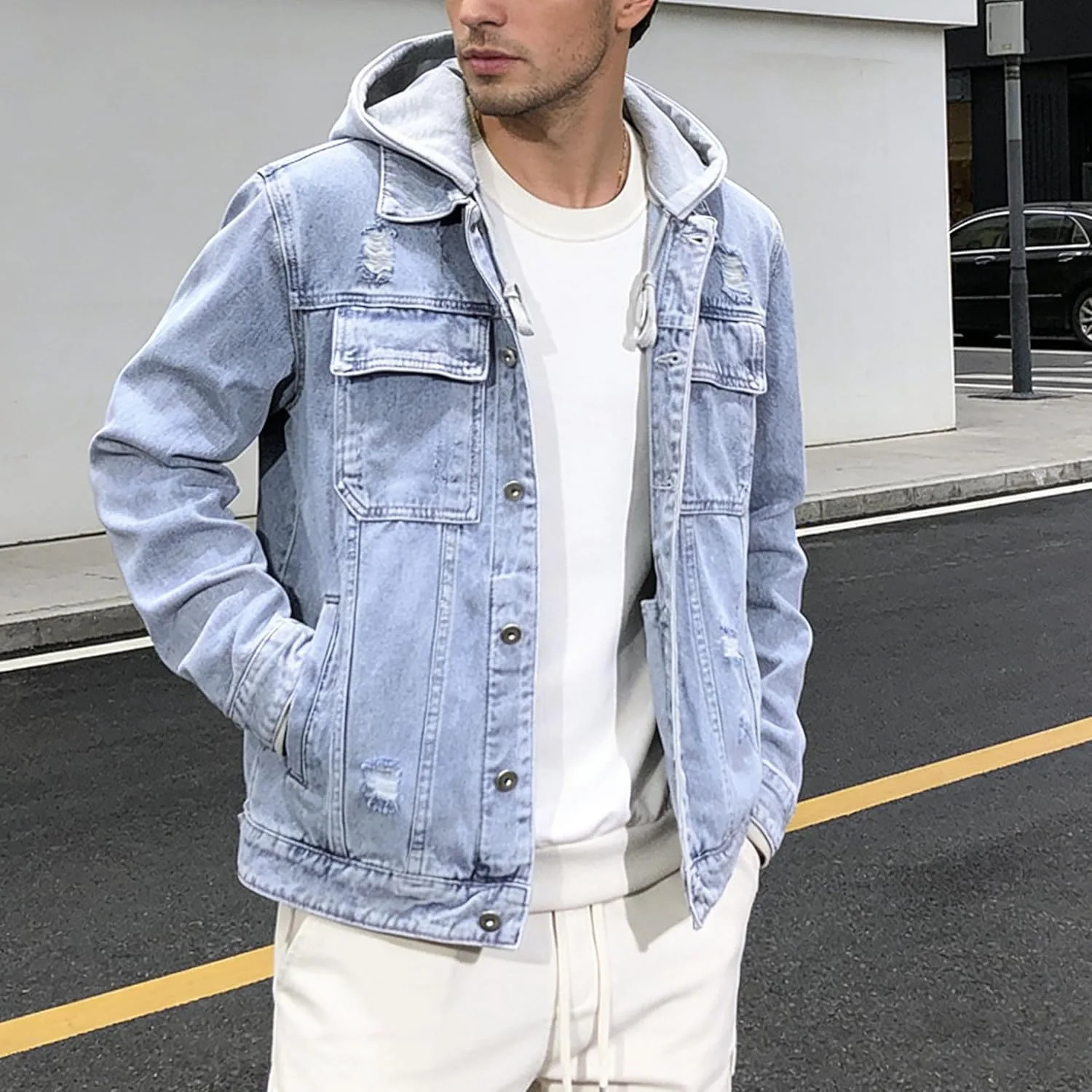 Мужская джинсовая куртка с капюшоном Casual Slim Fit Generic, светло-голубой — фото 3