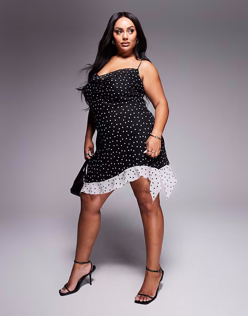 

Мини-платье ASOS DESIGN Curve с воротником-хомутиком и косой вязкой, контрастным подолом, с принтом в горошек ASOS Curve