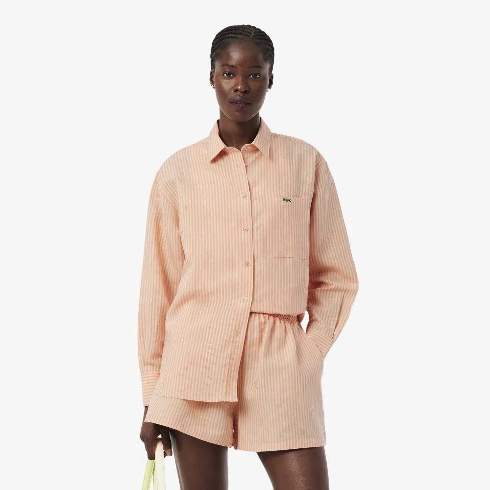 Рубашка Lacoste полосатая розовая из смесового льна