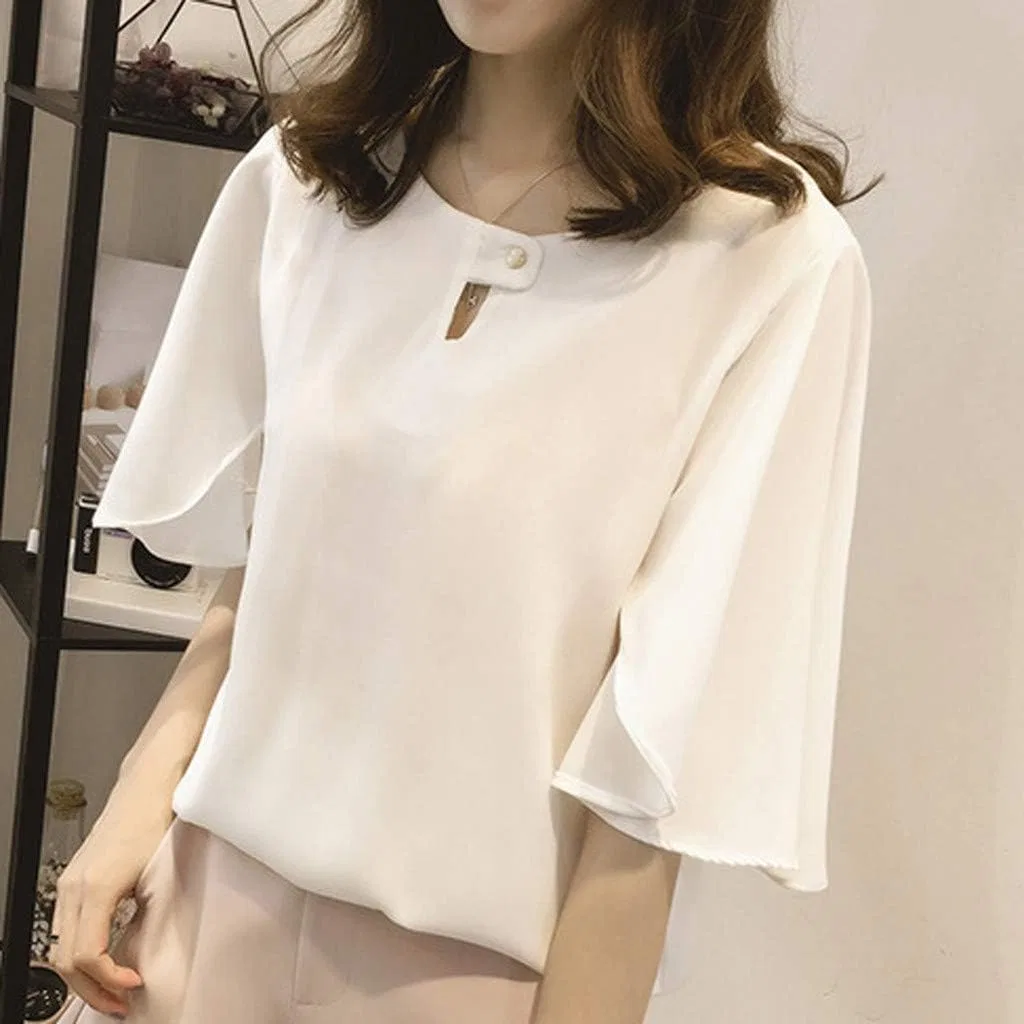 Блуза шифоновая белая Chiffon Blouse Ruffles Stand Collar Solid, белый — фото 3