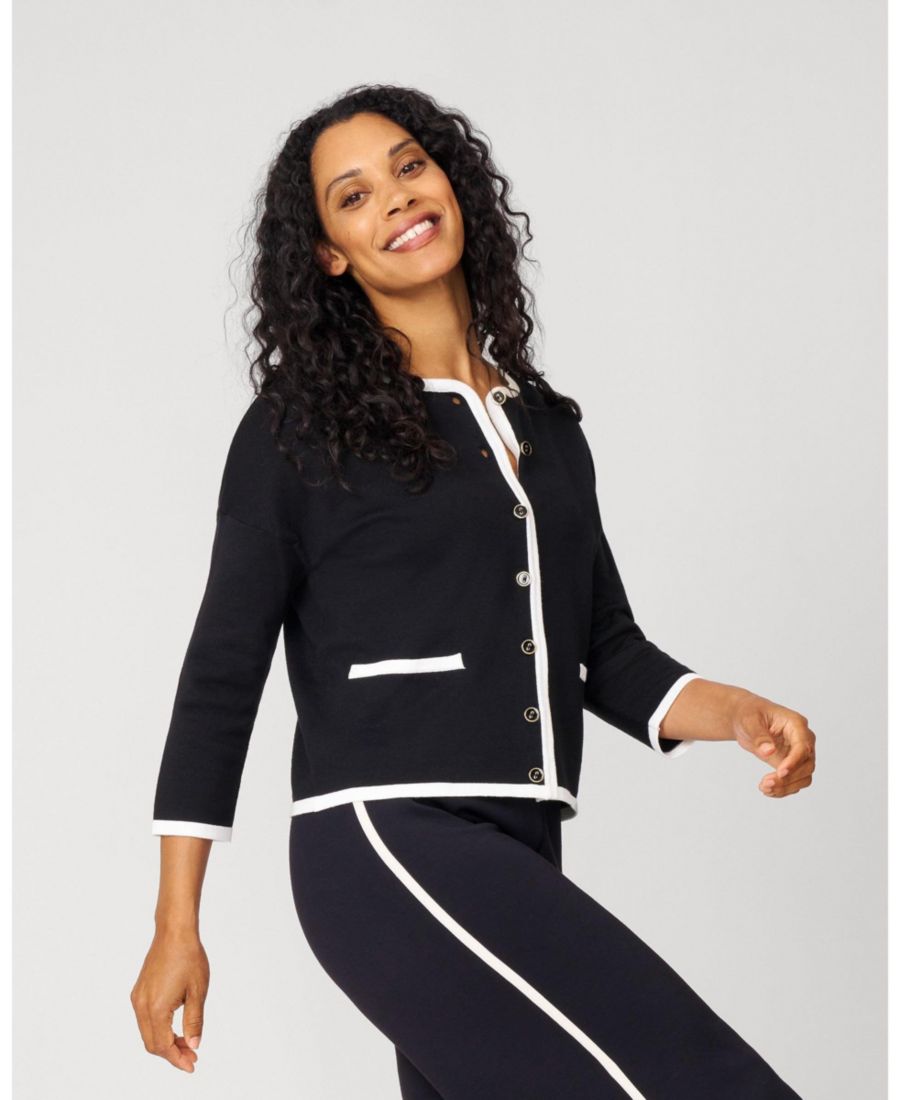 

Женский кардиган с круглым вырезом и контрастной отделкой Cable & Gauge, Jet black & snow white