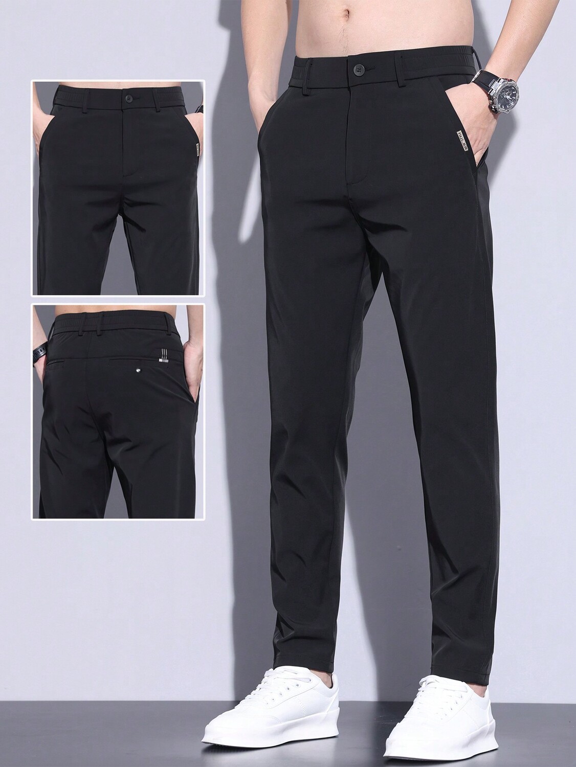 

Мужские строгие однотонные зауженные брюки с деталями на пуговицах, черный