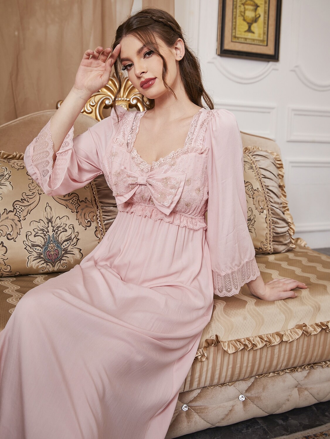 

Palace Nights, длинная пижама, кружевная ткань, большой бант Shein, розовый