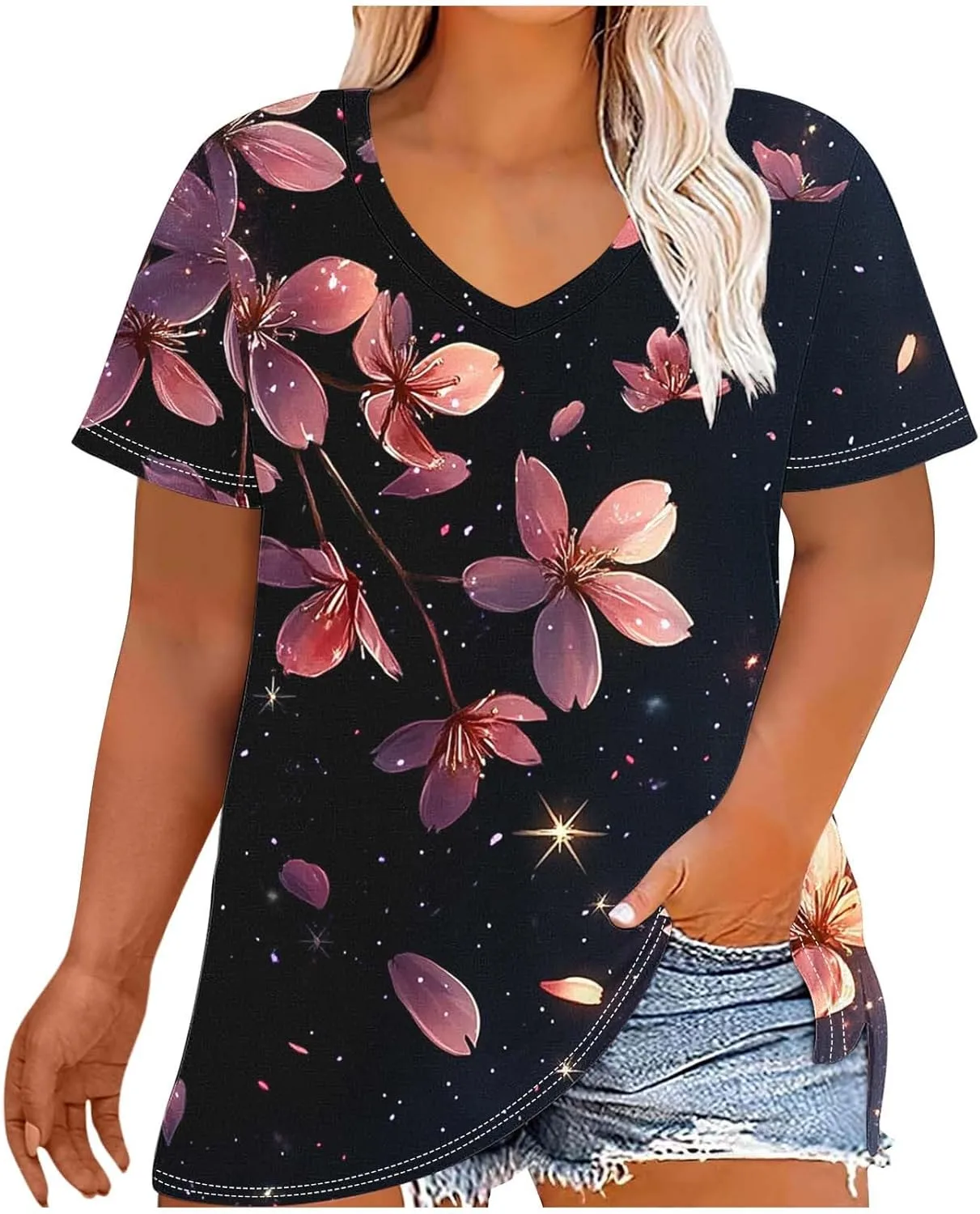 

Женская футболка с цветочным принтом, V-образный вырез, свободный крой Smxrfitk