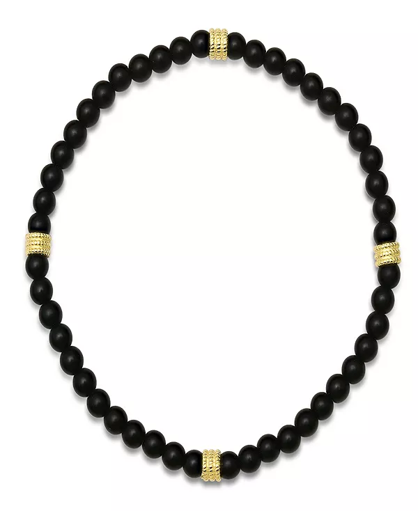 

Мужской эластичный браслет из стерлингового серебра 14 карат с покрытием из золота и бусинами из черной лавы Steeltime, black