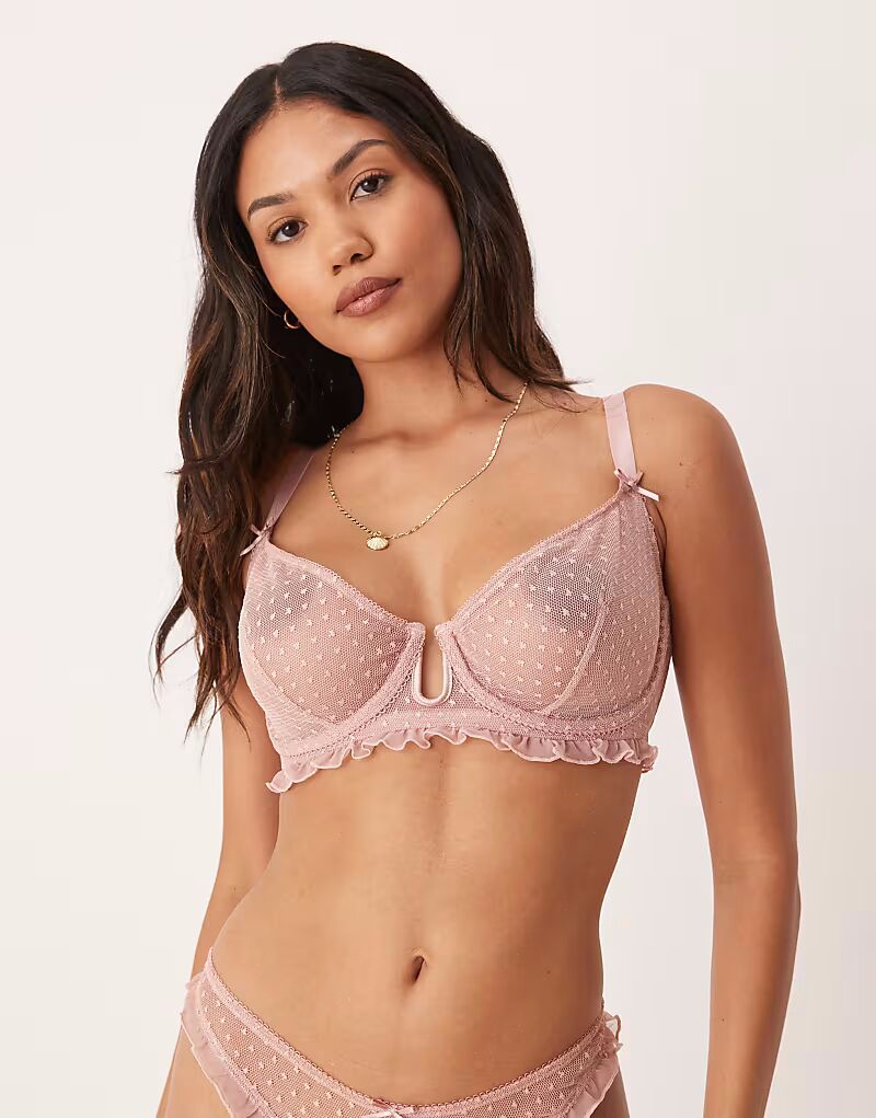 

Бюстгальтер на косточках с оборками и вышивкой в ​​виде пятен ASOS DESIGN Fuller Bust Jessie в пыльно-розовом цвете