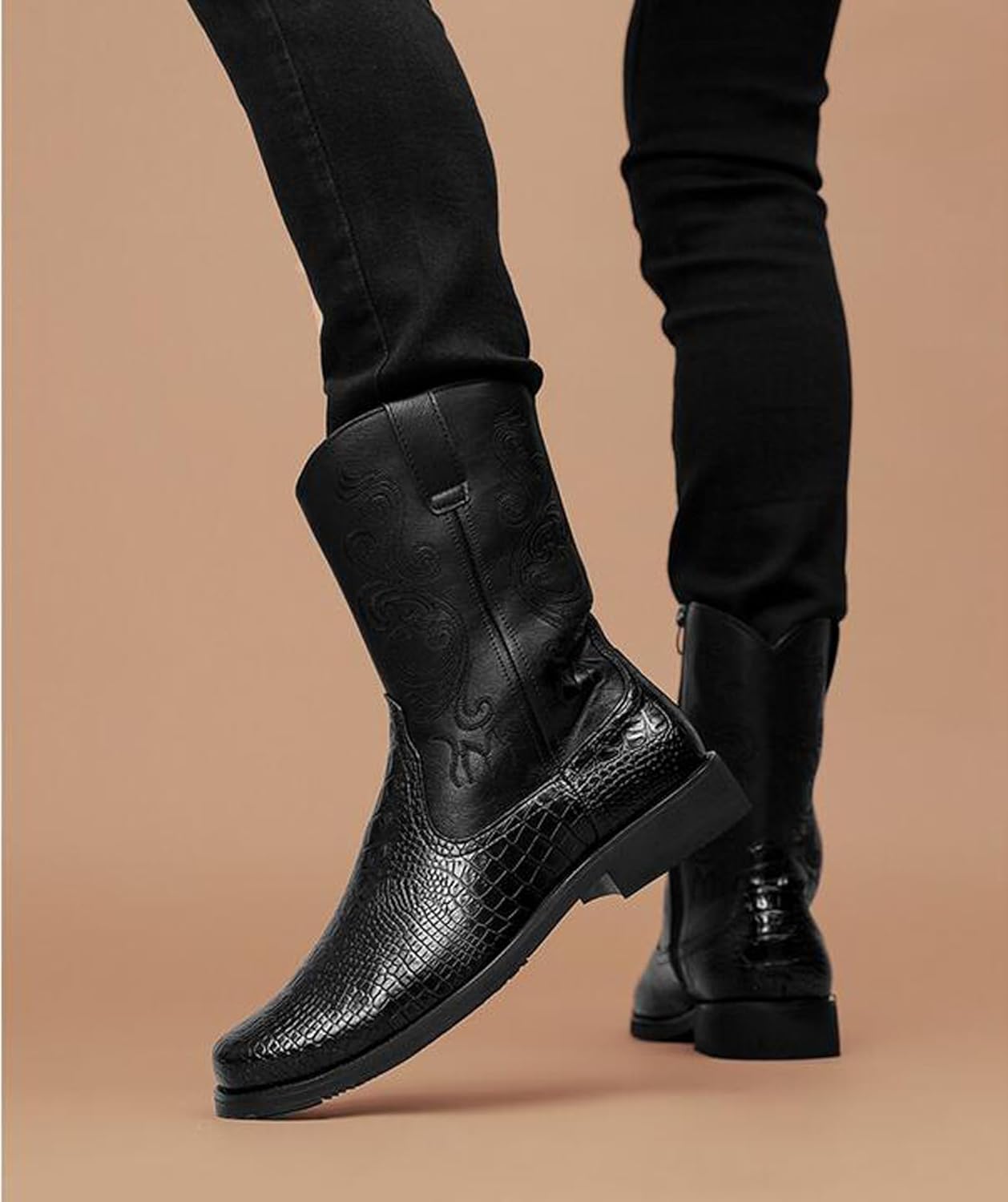 Мужские ковбойские сапоги ADMLZQQ с вышивкой, западные повседневные сапоги средней длины, черный — фото 3