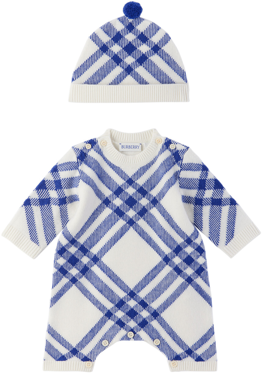 

Детский бело-синий комбинезон в клетку и комплект шапочки Burberry