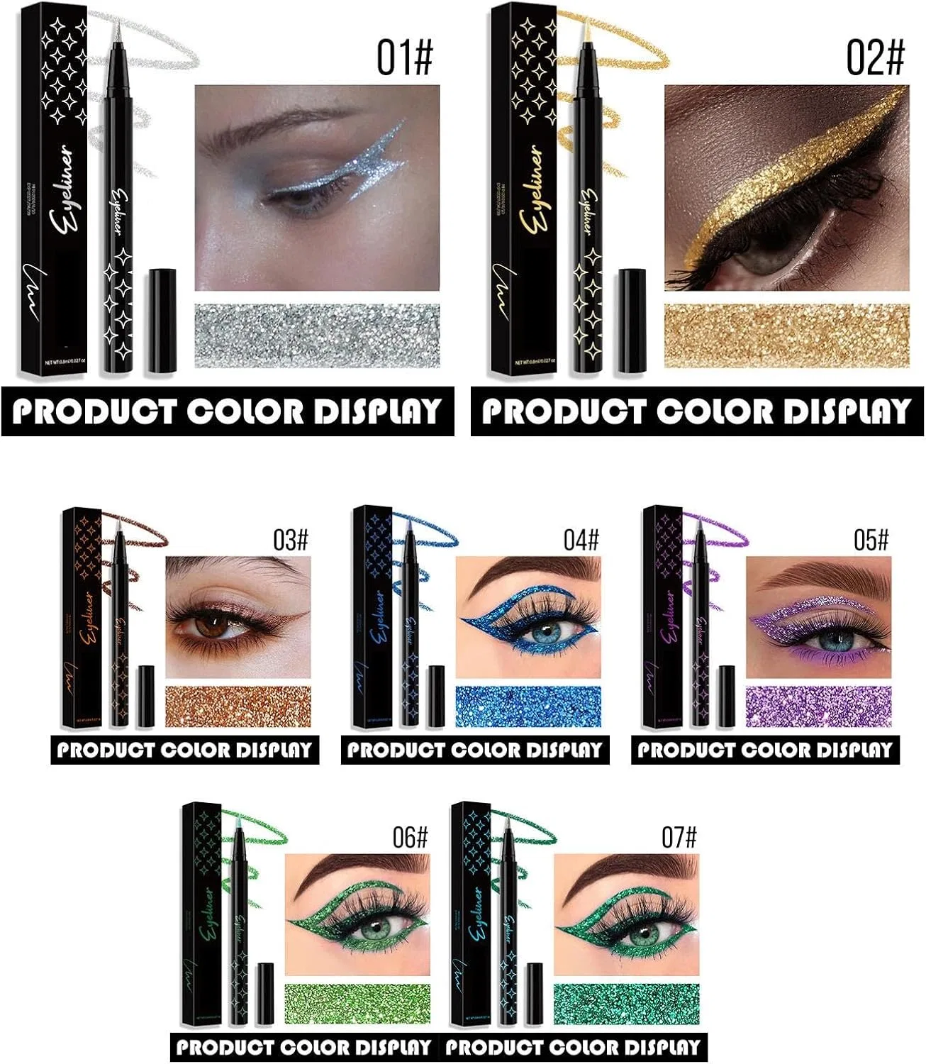 Набор для макияжа глаз Glitter Eyeliner Pencil Set, 7 шт., No Brand — фото 4