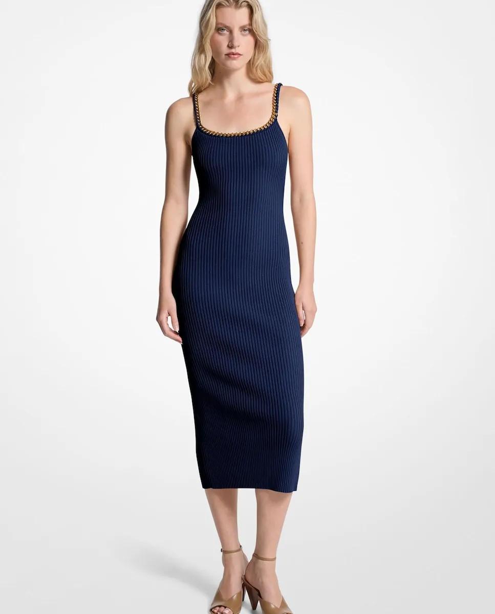

Миди-платье на бретелях из вязаного в рубчик материала Michael Michael Kors, темно-синий