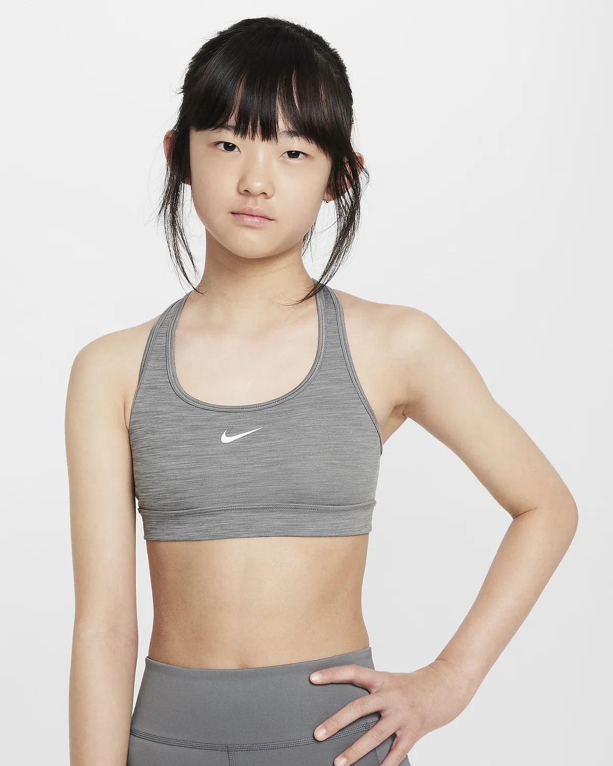 Детский спортивный бюстгальтер Nike Swoosh, Carbon Heather/Pure/White