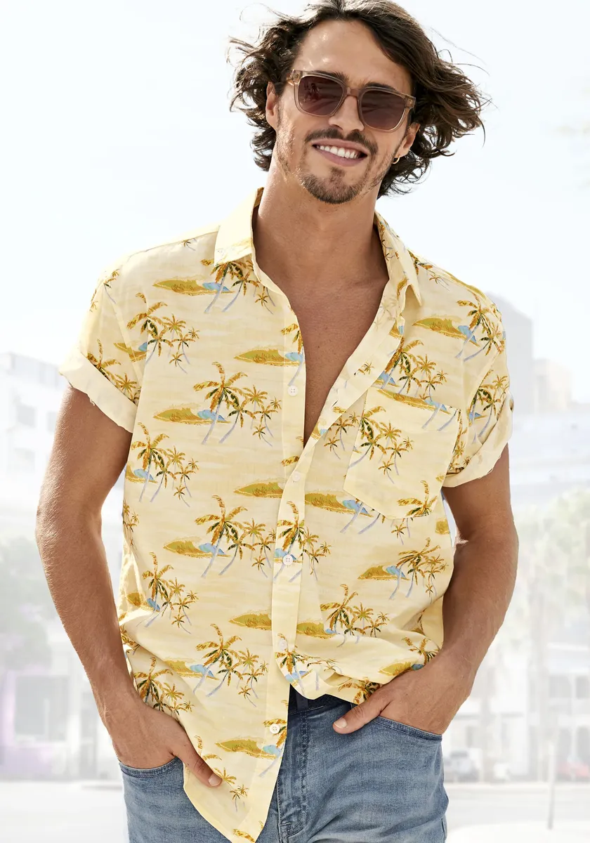 

Гавайская рубашка Beachtime "Regular fit", короткий рукав, повседневная рубашка с принтом пальм, чистый хлопок, цвет Gelb-Bedruckt