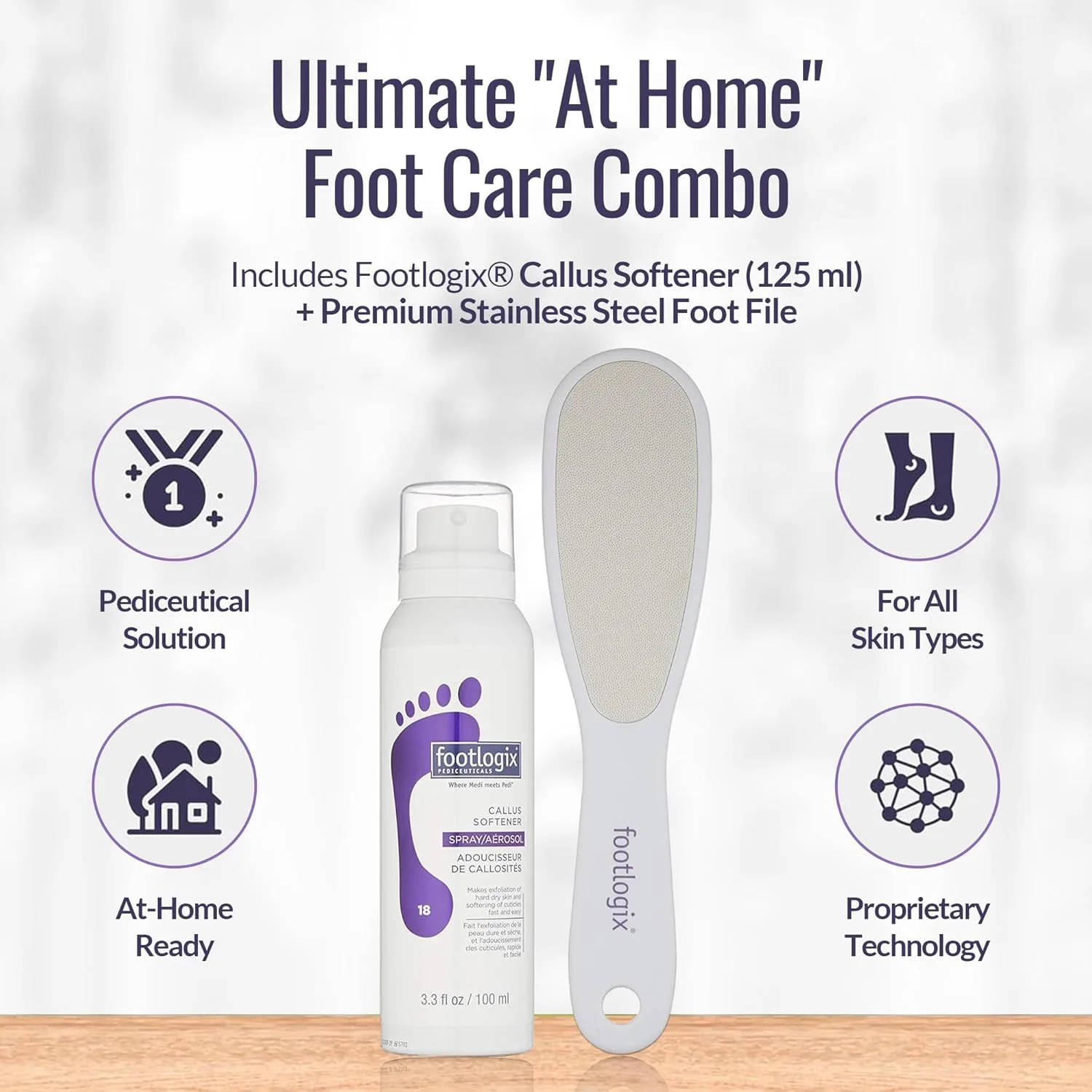 Набор для ухода за ногами Footlogix Foot Care Callus Softener Combo: спрей для удаления мозолей и двусторонняя пилка для сухих, потрескавшихся пяток, инструменты для педикюра, скраб для ног. Комбо, White — фото 2