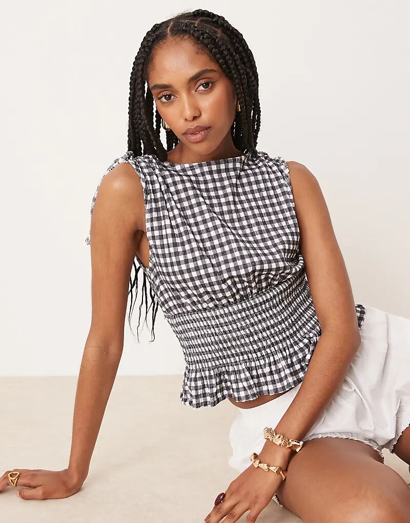 

Топ ASOS DESIGN с завязками на плечах и присборенной талией в черно-белую клетку