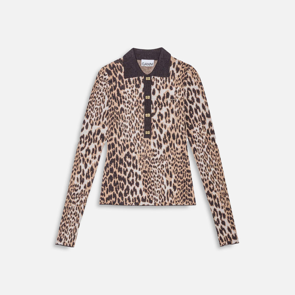 

Рубашка Ganni Fine Merino Jacquard Leopard Polo, цвет Leopard