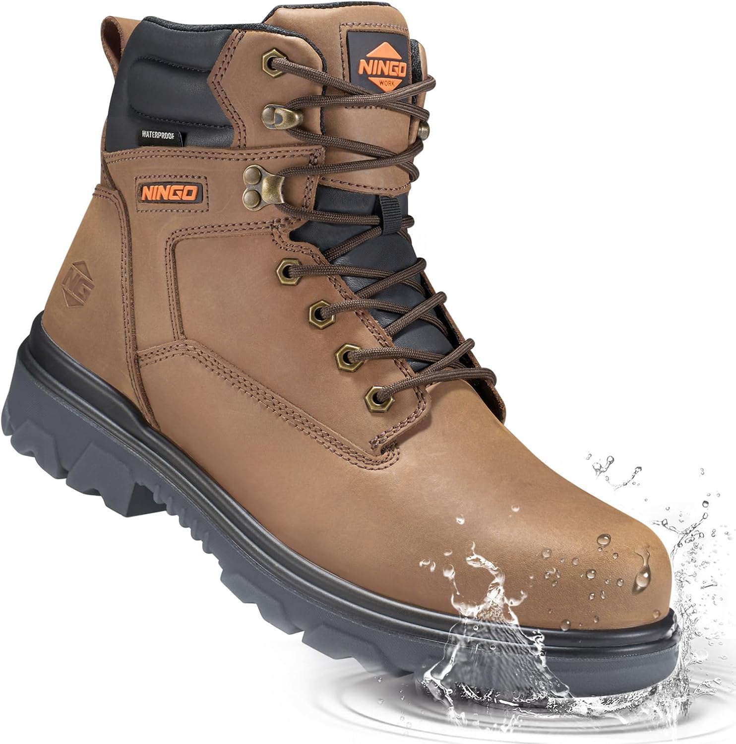 

Ботинки NINGO для мужчин, водонепроницаемые ботинки с стальным носком, устойчивые к проколам, маслу и скольжению, удобные мужские строительные ботинки с защитой EH, кожаная обувь для промышленного использования, коричневый/стальной