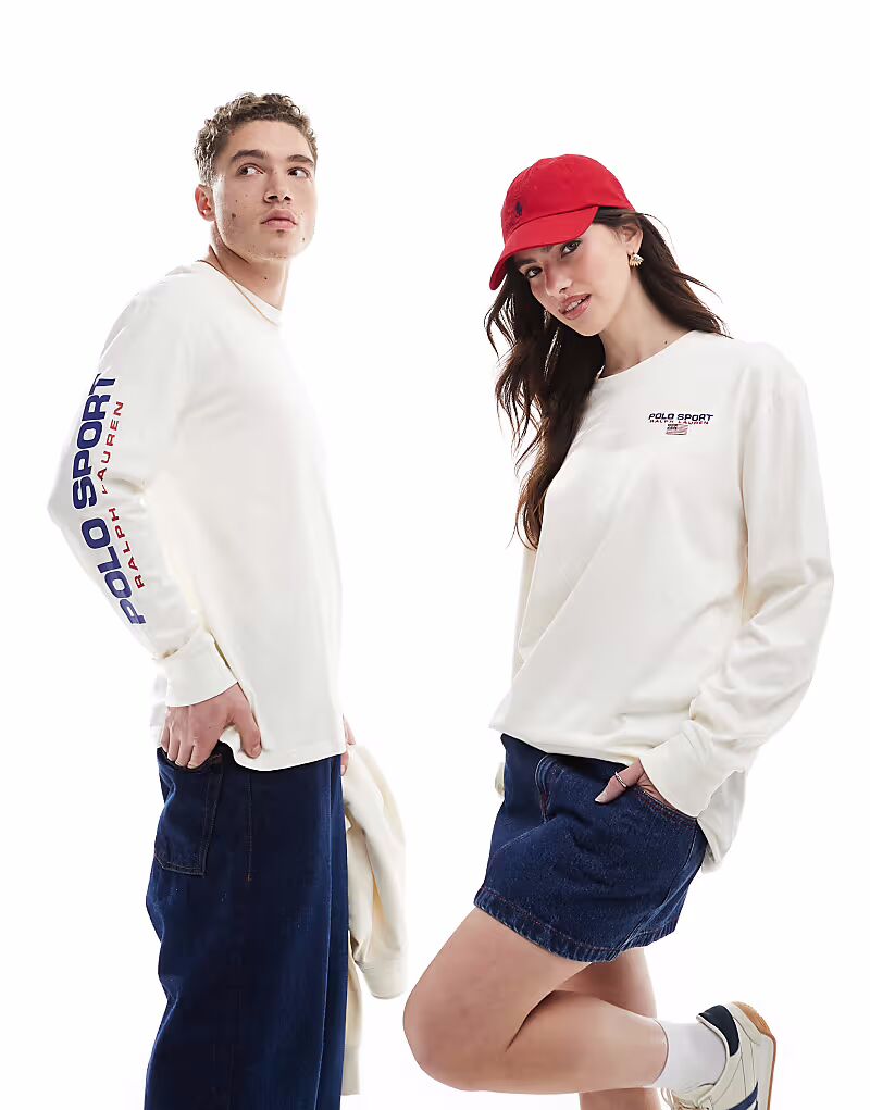 

Футболка Polo Ralph Lauren Sport Capsule унисекс с длинным рукавом и логотипом, классического свободного кроя, кремового цвета