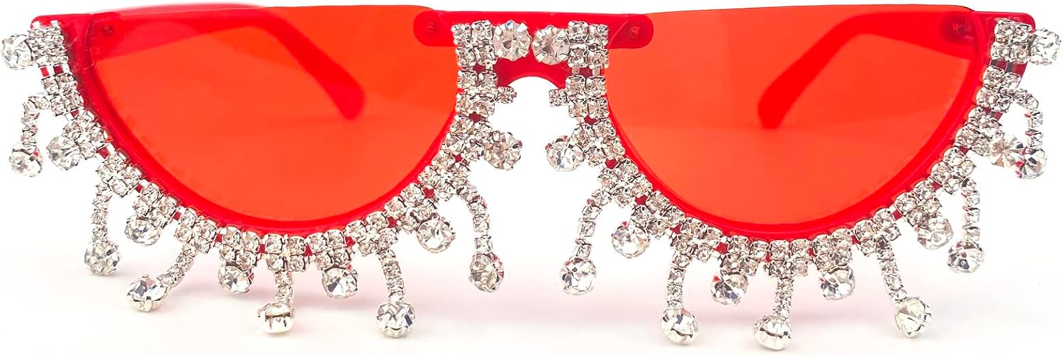 

Красочные солнцезащитные очки в форме полумесяца с бриллиантами для женщин, «кошачий глаз», украшенные стразами, идеально подойдут для вечеринок mincl, Diamond Tassel&red