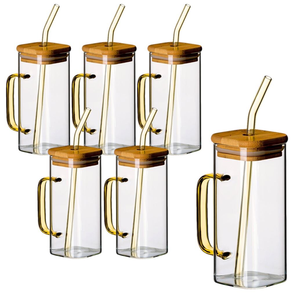 

Набор gouveo из 6 стаканов 350 мл желтого цвета с ручкой, крышкой и трубочкой - бокалы для коктейлей из боросиликатного стекла - стеклянные стаканчики для холодных и горячих напитков