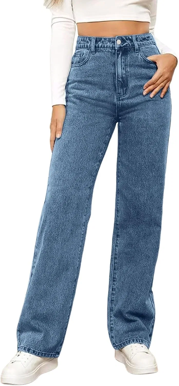 Джинсы прямые, синие, Women Jeans Wide Leg Straight Denim Pants