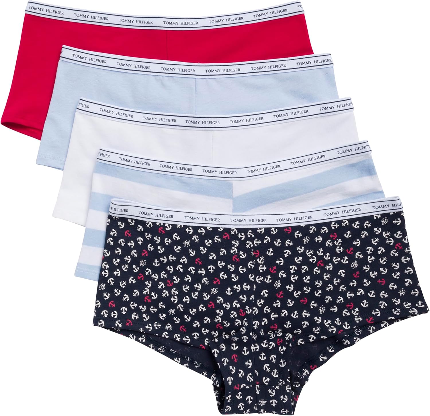 

Женские классические хлопковые шорты Tommy Hilfiger с логотипом, упаковка 5 шт., Mini Anchors Print/Tango Red/Bright White/Sweet Blue/Sweet Blue Stripe