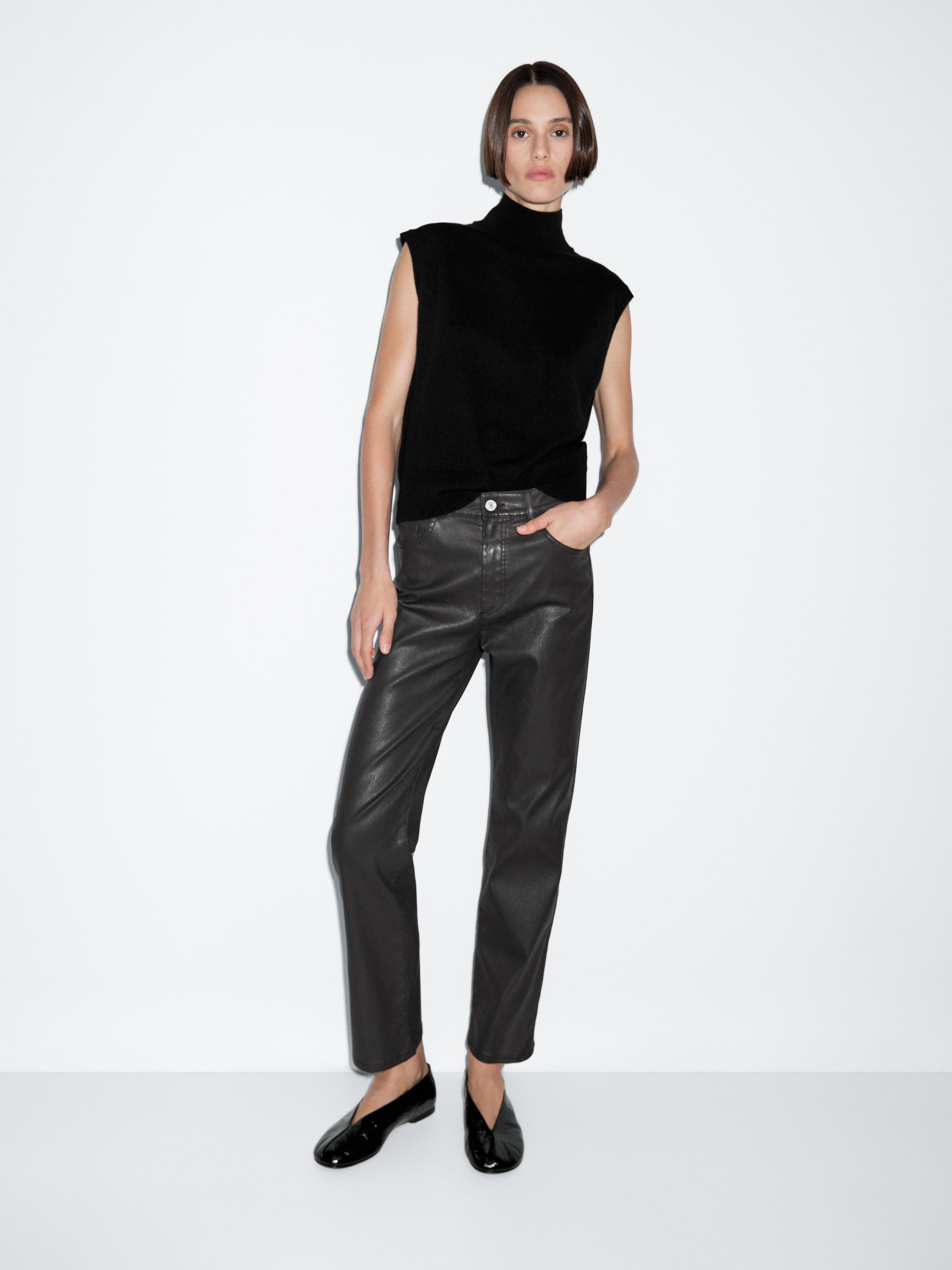 Вощеные брюки прямого кроя с высокой талией Massimo Dutti, черный — фото 4
