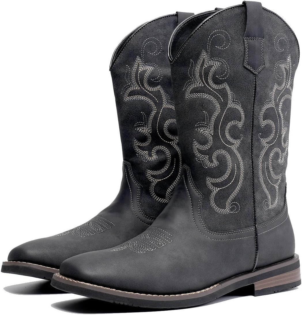 

Мужские классические ковбойские сапоги Santimon с вышивкой, квадратный носок, кожаные, для верховой езды, слипоны, сапоги для мужчин, серый