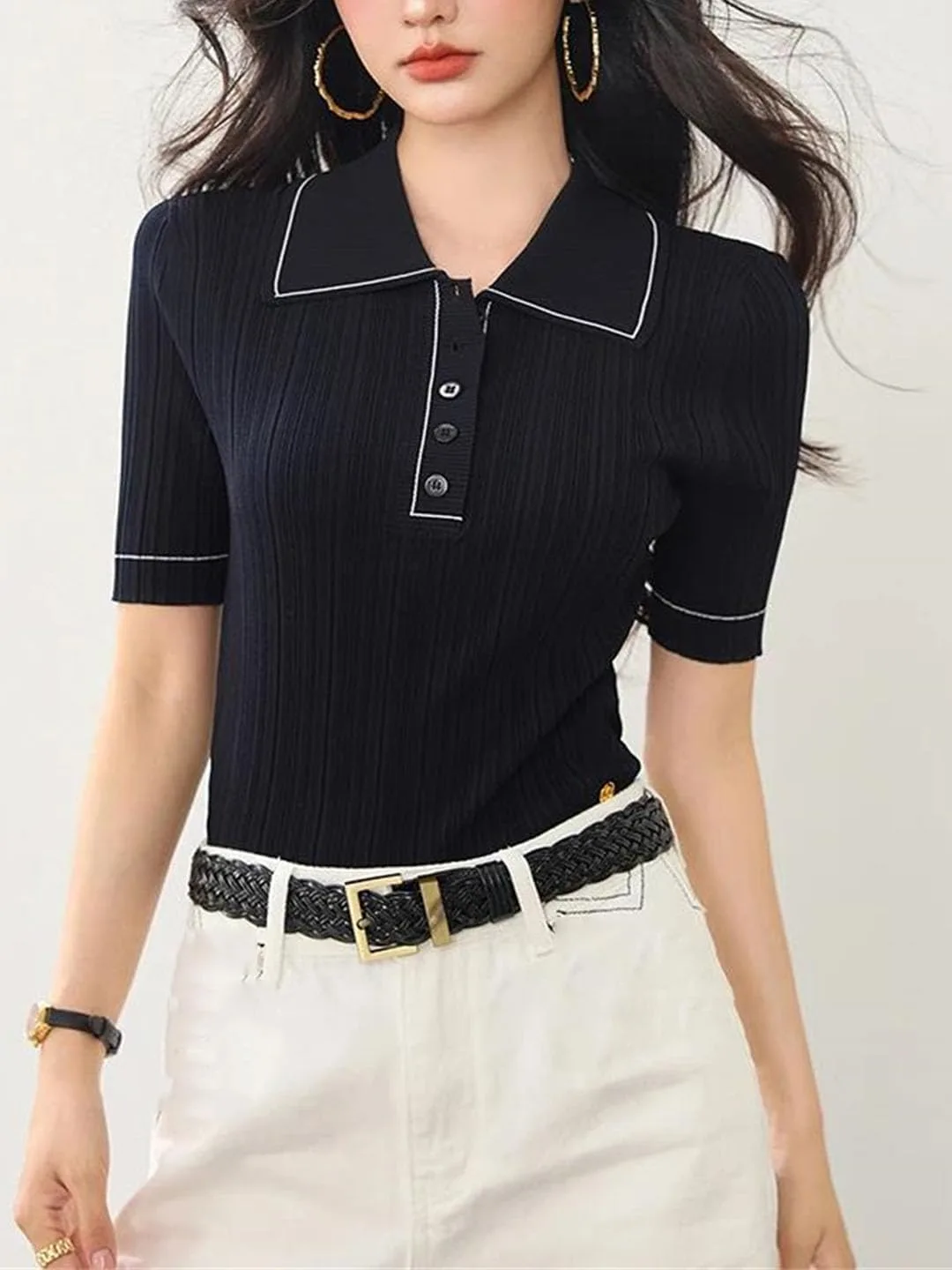 Женская футболка с контрастным воротником, короткий рукав, slim fit — фото 2