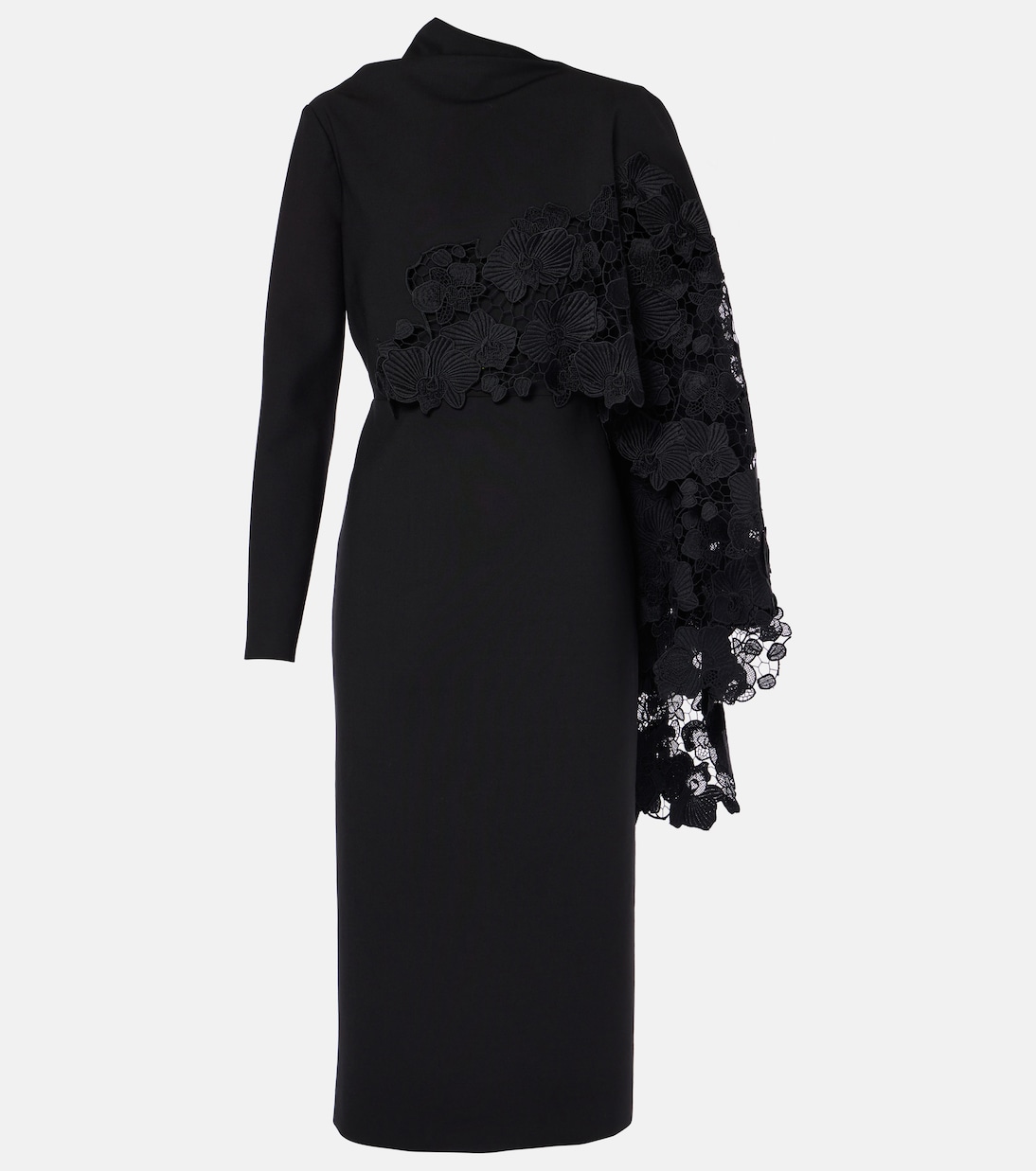 

Платье миди из шерсти с цветочным гипюром Oscar de la Renta, черный