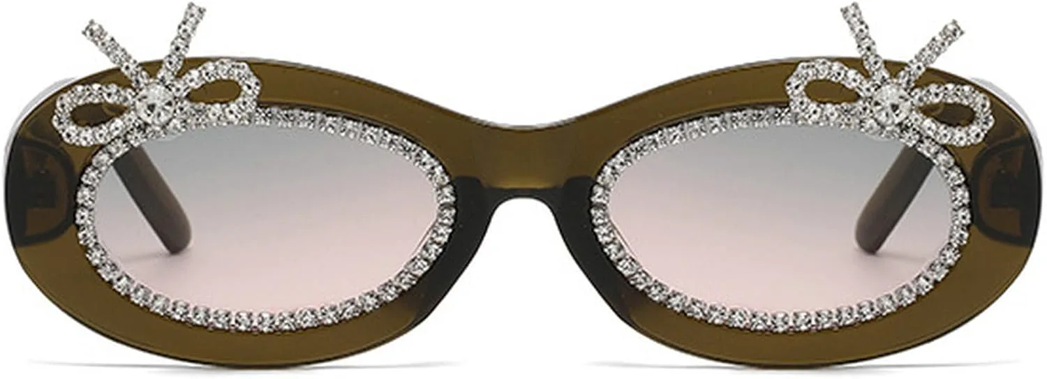 

Солнцезащитные очки со стразами для женщин в стиле 90-х, модные овальные солнцезащитные очки с бриллиантами, милые солнцезащитные очки с бантом для женщин mincl, C1