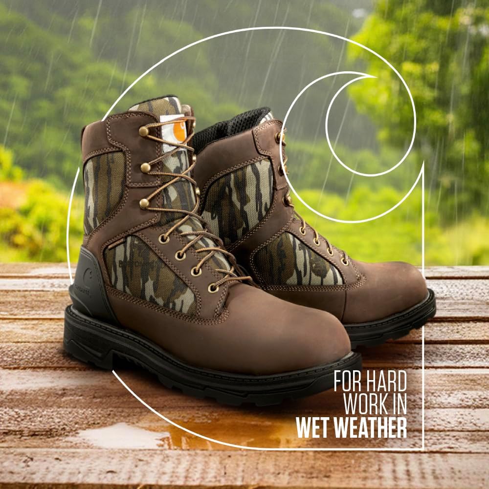 Carhartt Ironwood водонепроницаемые рабочие ботинки для мужчин - 8-дюймовые, усиленная промасленная кожа с дышащей мембраной, EH и нескользящие подошвы, Dark Brown/Mossy Oak — фото 2