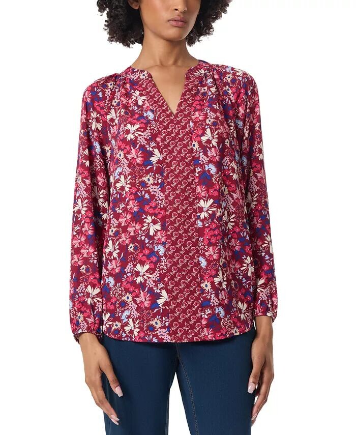 

Топ Petite с V-образным вырезом и длинными рукавами с комбинированным принтом Jones New York, красный