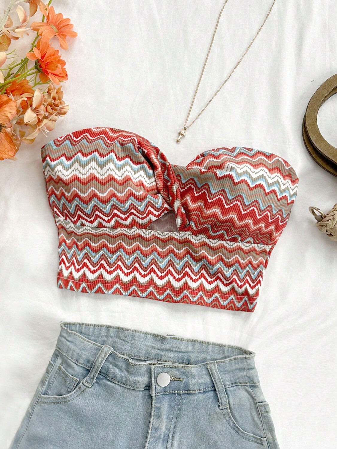 

SHEIN WYWH WYWH Vacation Женский топ для отдыха, пляжа и отдыха, с узором витой волны спереди, многоцветный