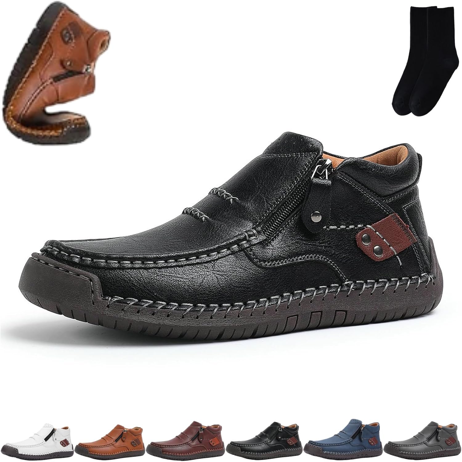 

Мужские ручной работы премиальные кожаные слипоны для вождения с боковой молнией, мужские удобные кожаные ботинки ручной работы, уличная повседневная водонепроницаемая легкая обувь на плоской подошве Xylawave, черный