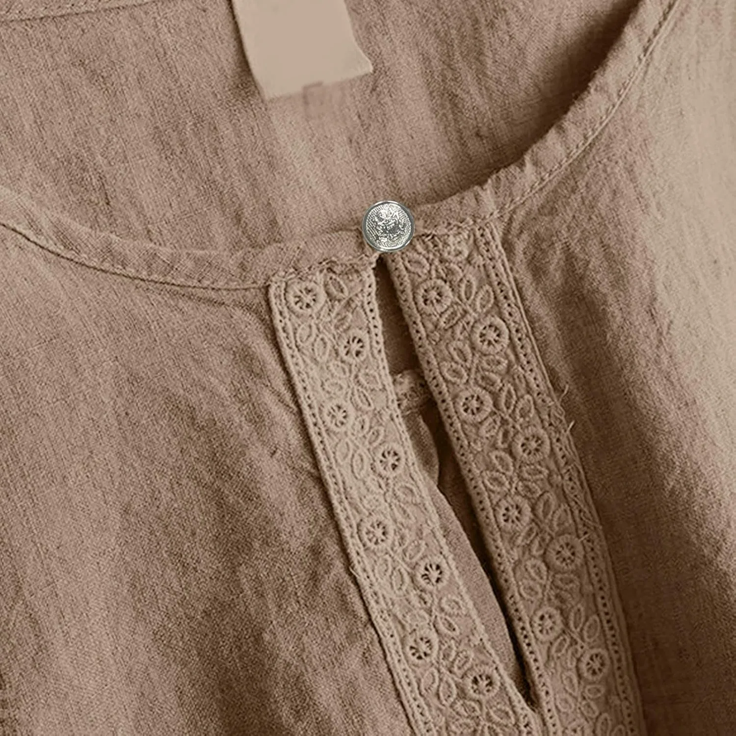Блуза из льна с хлопком, свободный крой, женская, Khaki — фото 3