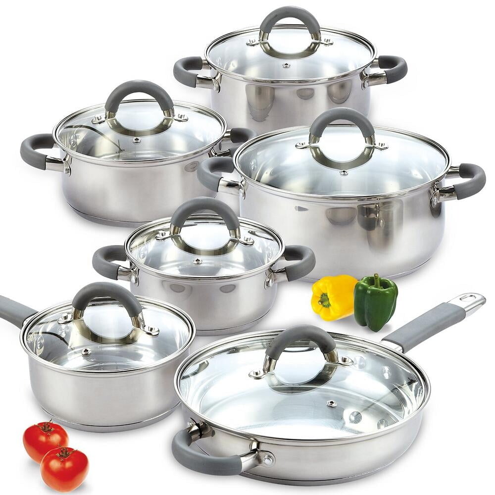 

Набор кастрюль и сковородок из нержавеющей стали с силиконовыми ручками Cook N Home 12 предметов, серебристый