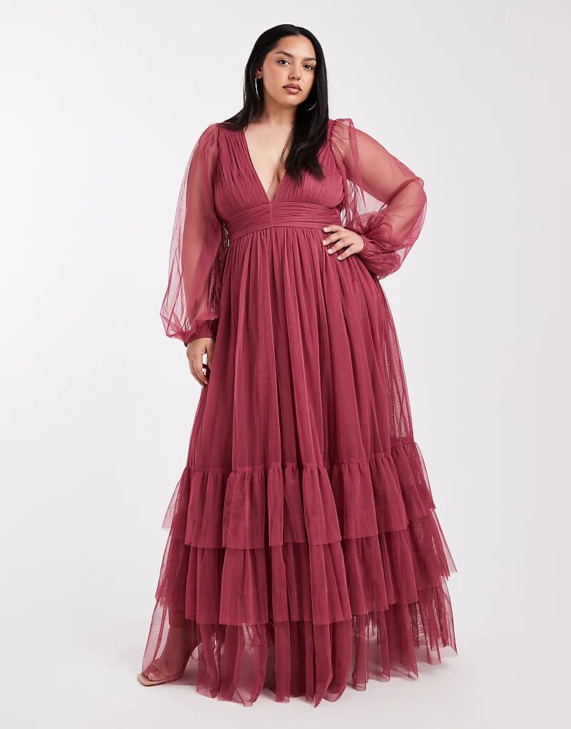

Платье макси с длинными рукавами Lace & Beads Plus Bridesmaid Madison цвета орхидеи
