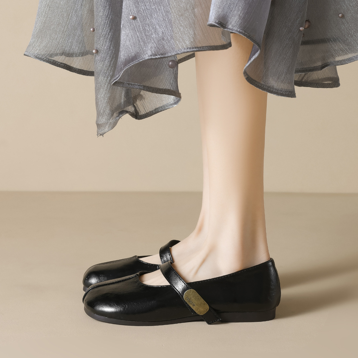 QITUMAUL Мэри Джейн туфли женские абрикосовые, цвет Apricot[Heel Height 1cm] — фото 4