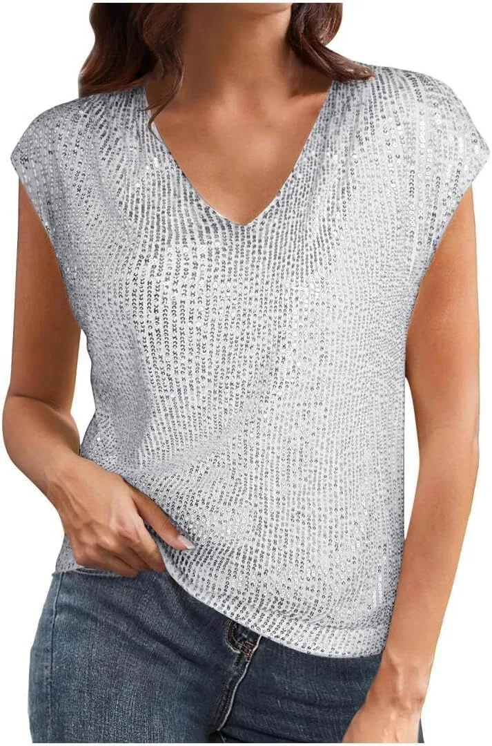 

Женский топ с пайетками V-образным вырезом и короткими рукавами