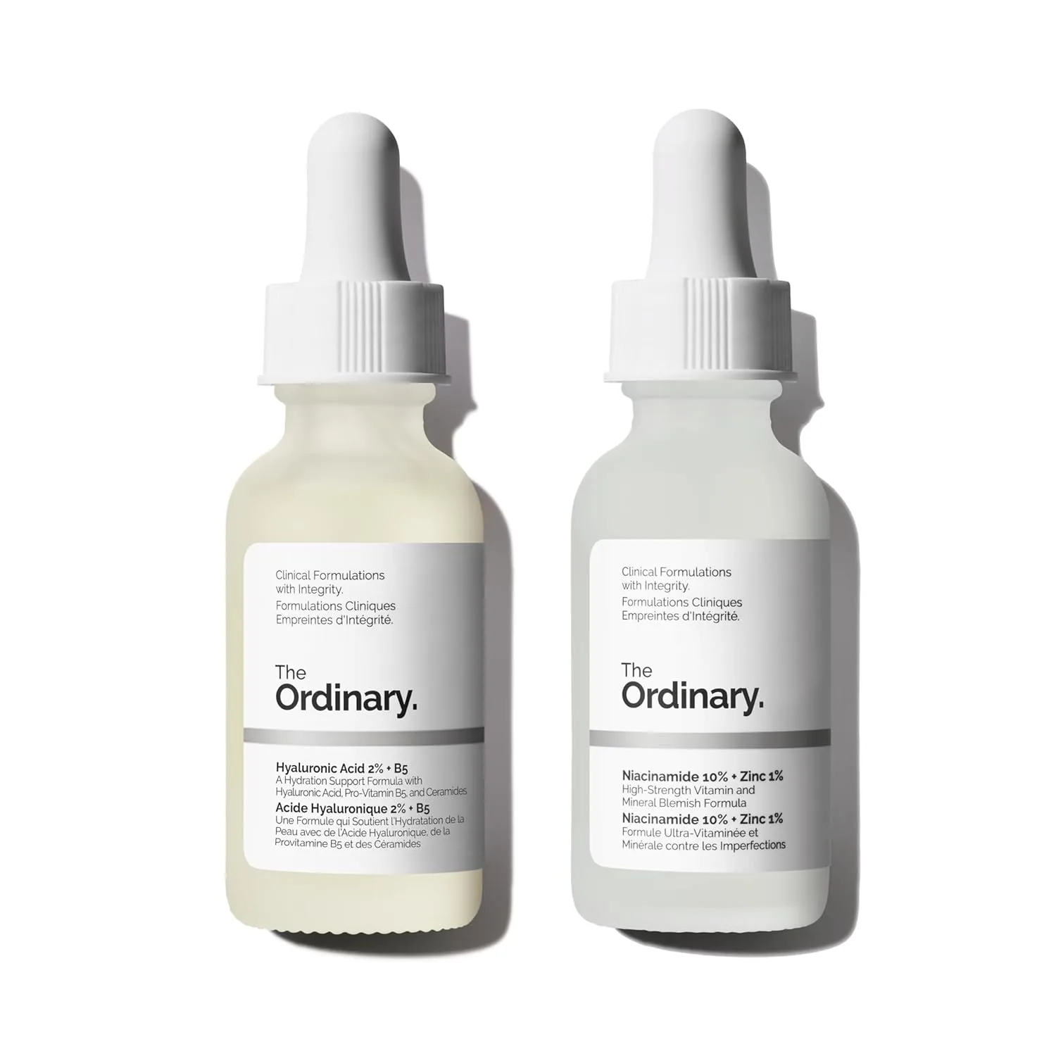 Набор для ухода за кожей The Ordinary Skin Support Basics Duo для всех типов кожи: гиалуроновая кислота 2% + витамин B5 (30 мл), ниацинамид 10% + цинк 1% (30 мл).