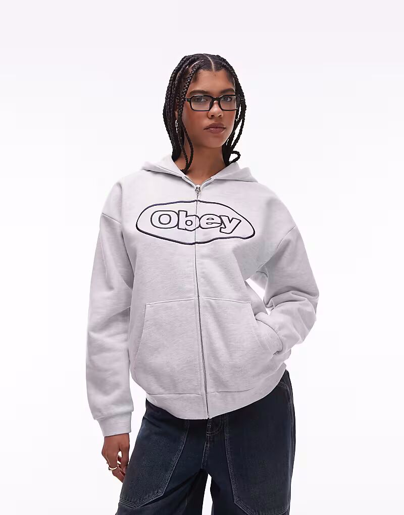 

Толстовка Obey Extra Heavy Weight с овальным логотипом на молнии светло-серого цвета