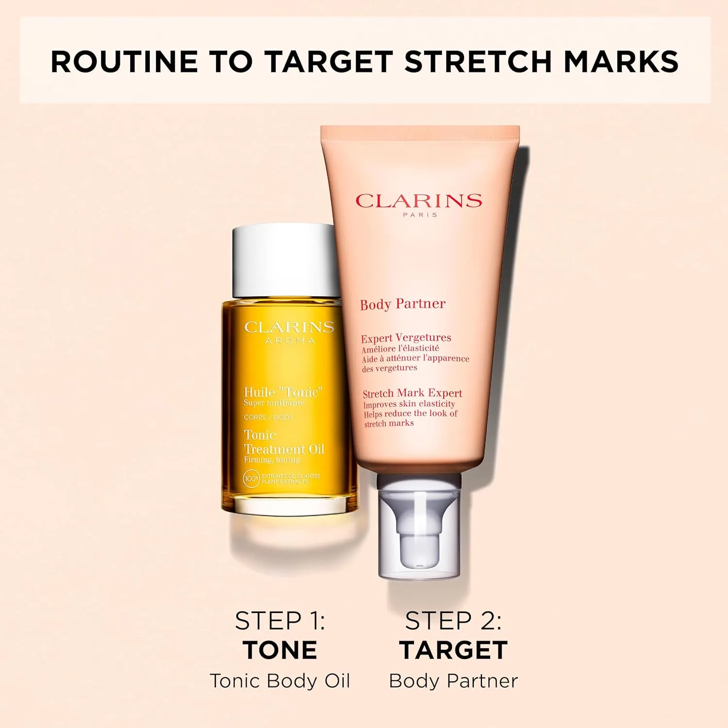 Clarins Tonic Body Treatment Oil и Body Partner Stretch Mark Expert набор: масло и крем от растяжек для упругости и тонуса, с натуральными растительными экстрактами, для всех типов кожи, Green — фото 2