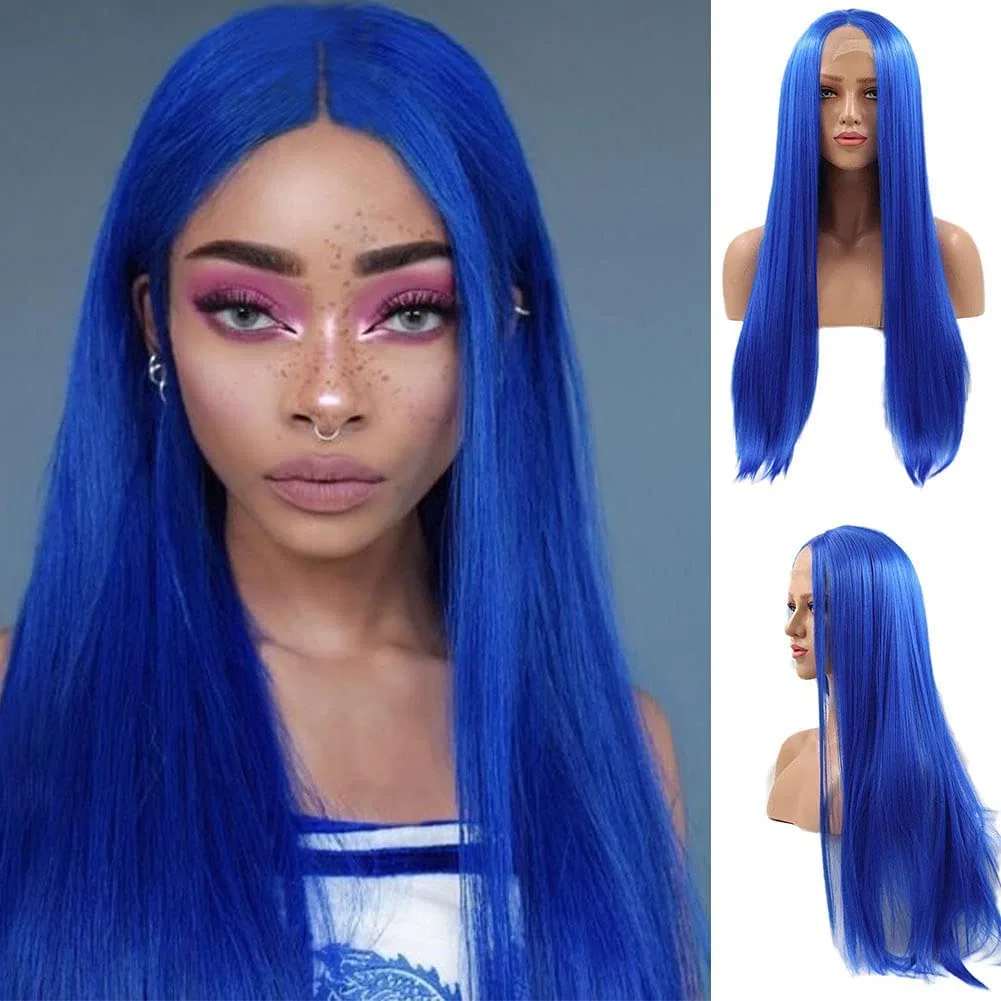 Длинный прямой синий парик с кружевной передней частью 24 дюйма Afbeauty, Blue