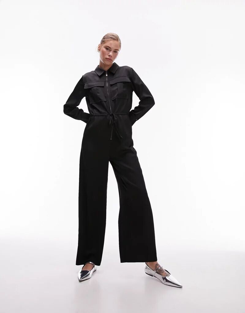 

Черный атласный комбинезон карго Topshop