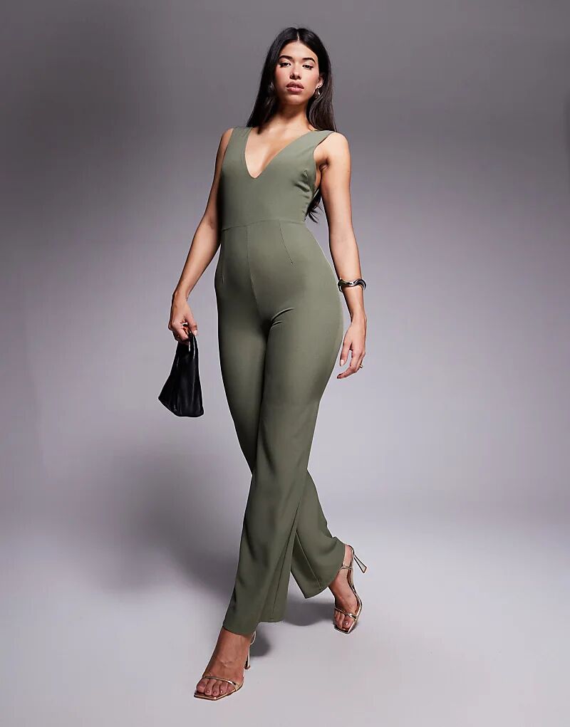 

Комбинезон Vesper с глубоким вырезом и широкими штанинами оливкового цвета