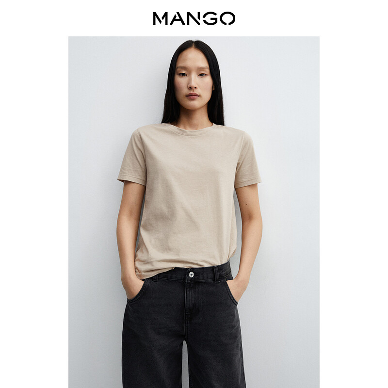 

Женская футболка Mango из чистого хлопка c круглым вырезом, светло-бежевый
