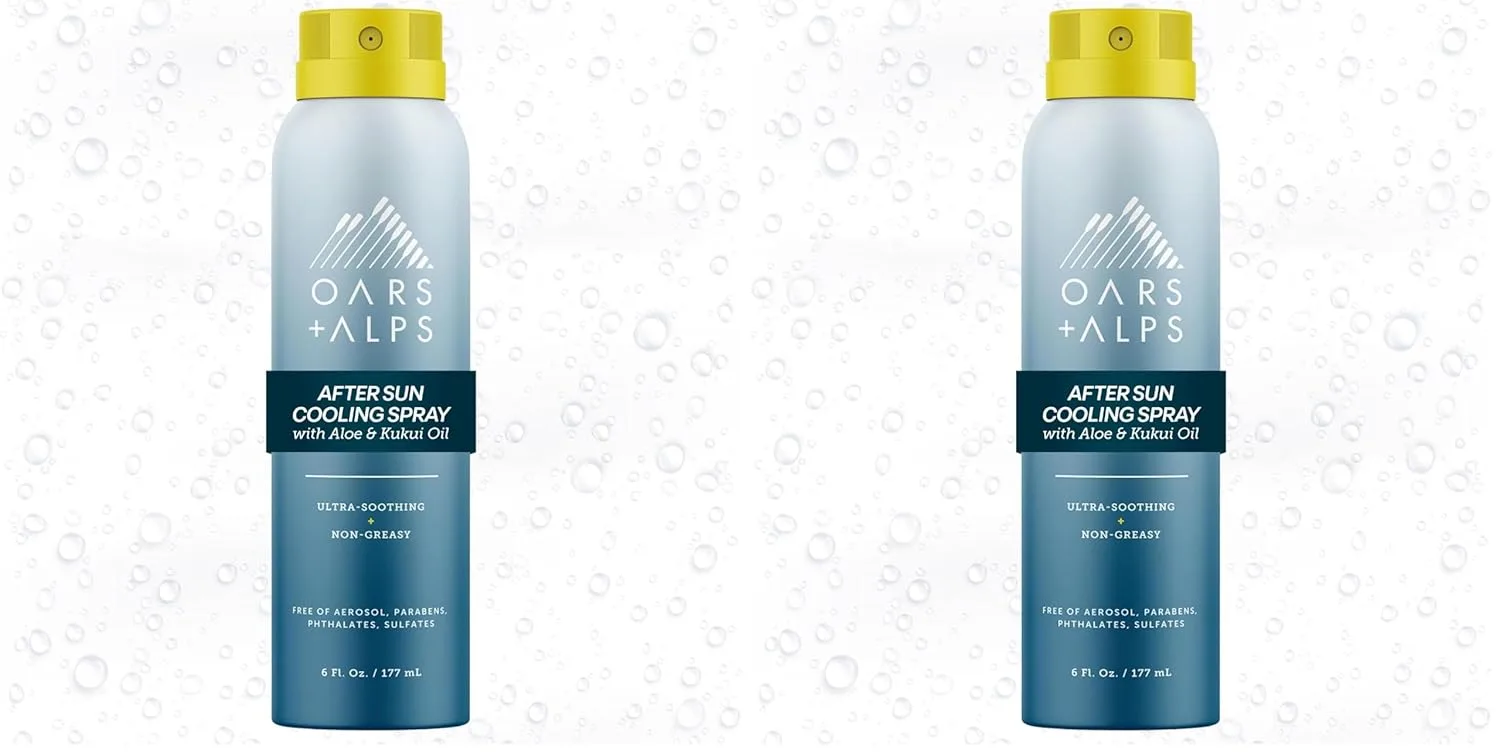 Oars + Alps After Sun Spray, спрей после загара с алоэ вера, маслом кукуи и ниацинамидом, аромат зеленого чая, охлаждает кожу, увлажняет, успокаивает, нежирный, 170 г (2 шт) 177 мл (2 шт.), GREEN