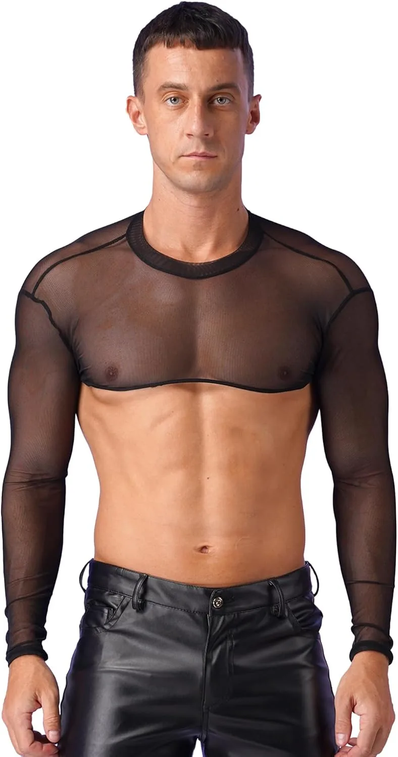 

Мужская футболка Oyolan с полупрозрачной сеткой, длинным рукавом и декоративным кроп-топом