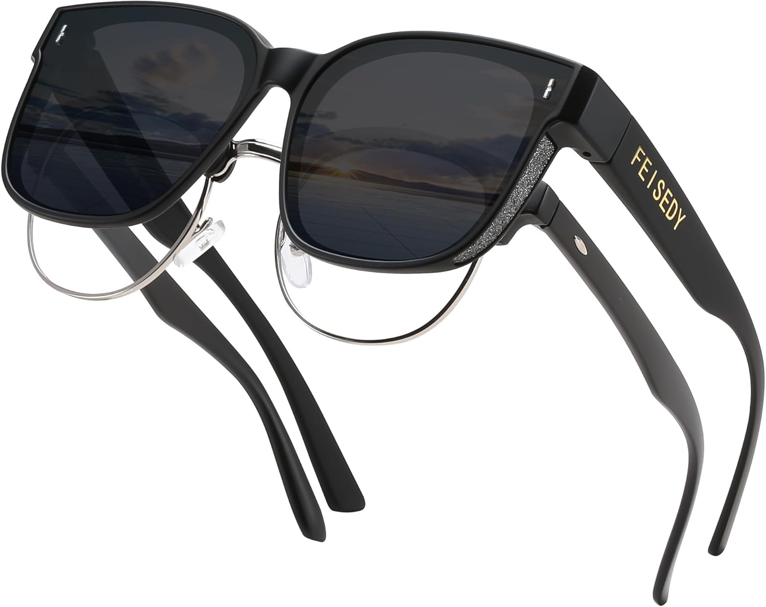 

Солнцезащитные очки FEISEDY, надеваемые поверх обычных очков, увеличенного размера, поляризованные, блестящие, для женщин, защита от ультрафиолета UV400, артикул B0269, Matte Black Frame & Grey Lens