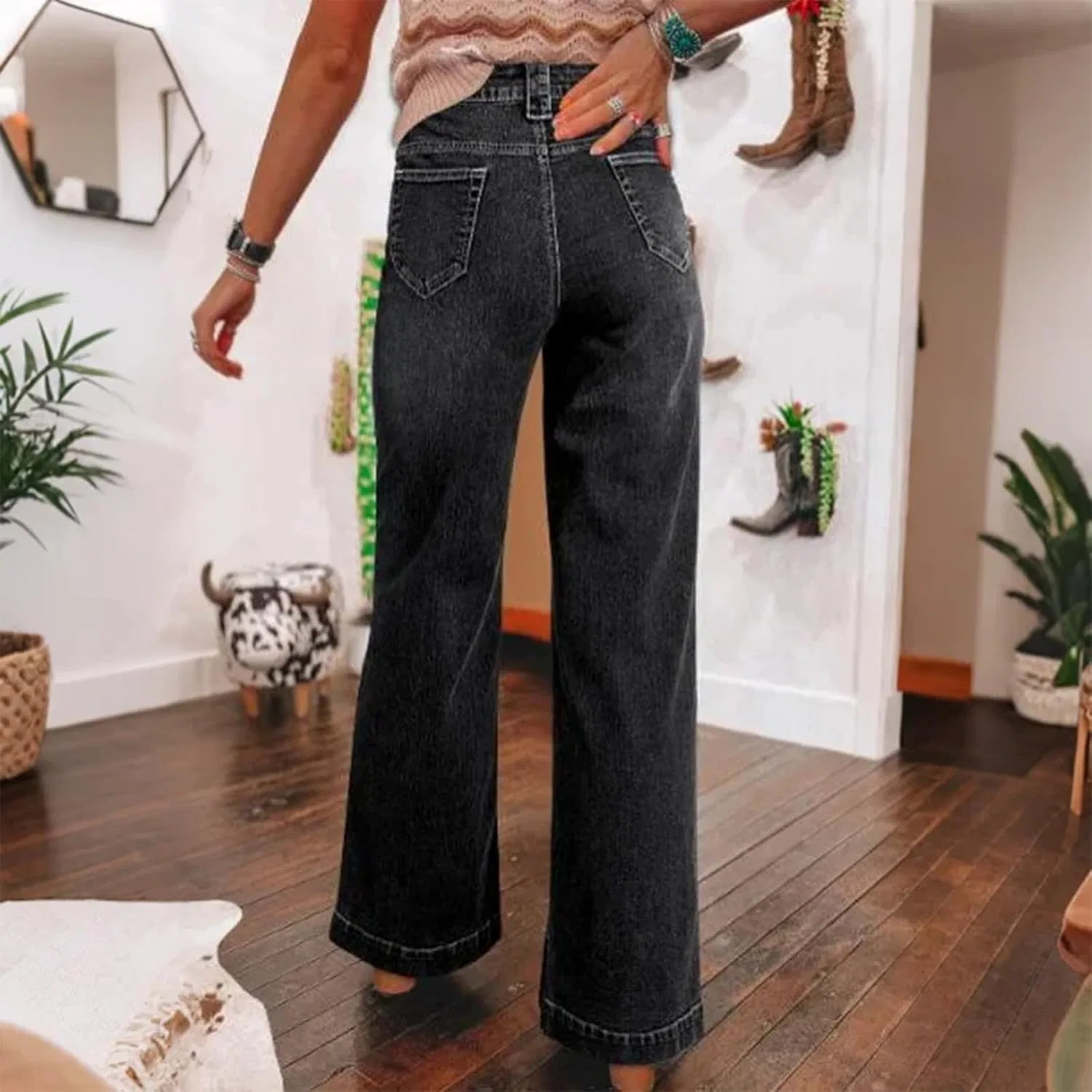 Джинсы широкие Women's Casual High Waisted Jeans, черный — фото 3